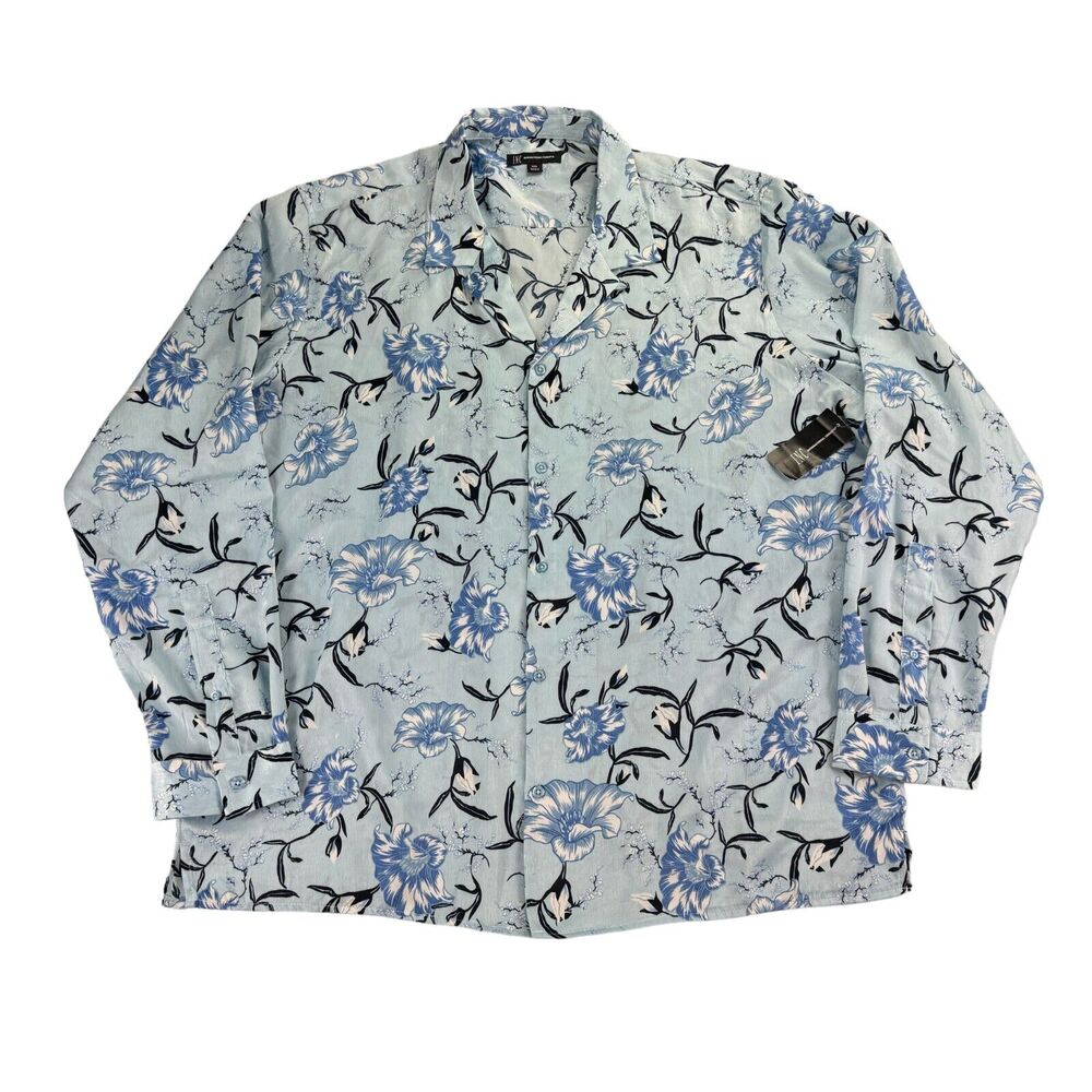 INC Mens Classic Fit Long Sleeve Floral Camp Button Down Shirt Light Blue 2XL